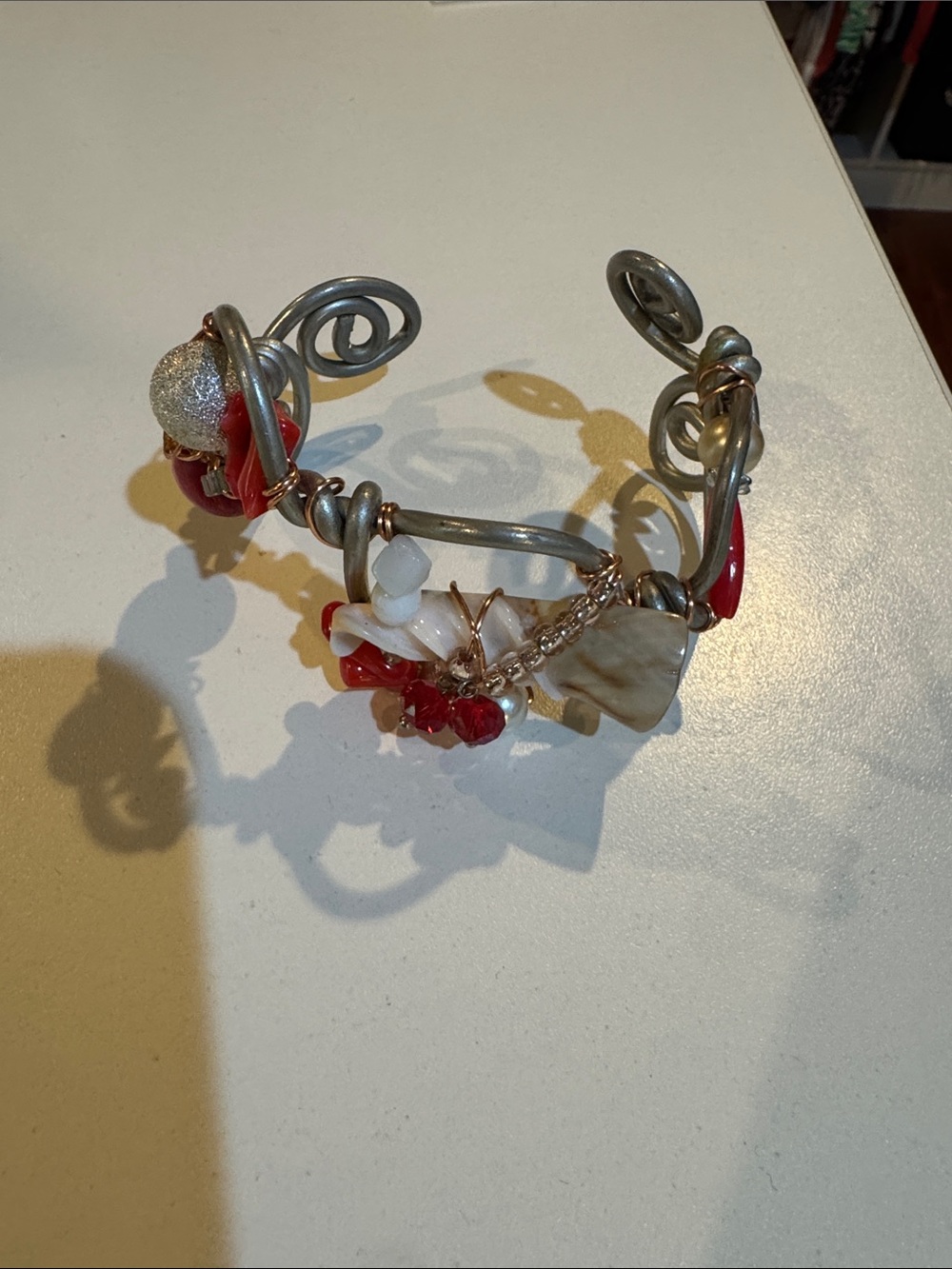 Handcrafted Red and Silver Wire Cuff Bracelet with Charms and Seashells